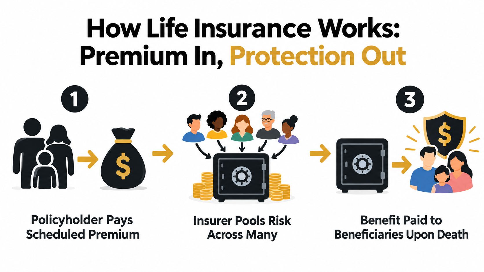 A diagram illustrating how life insurance works through premium payments, risk pooling, and beneficiary payouts.