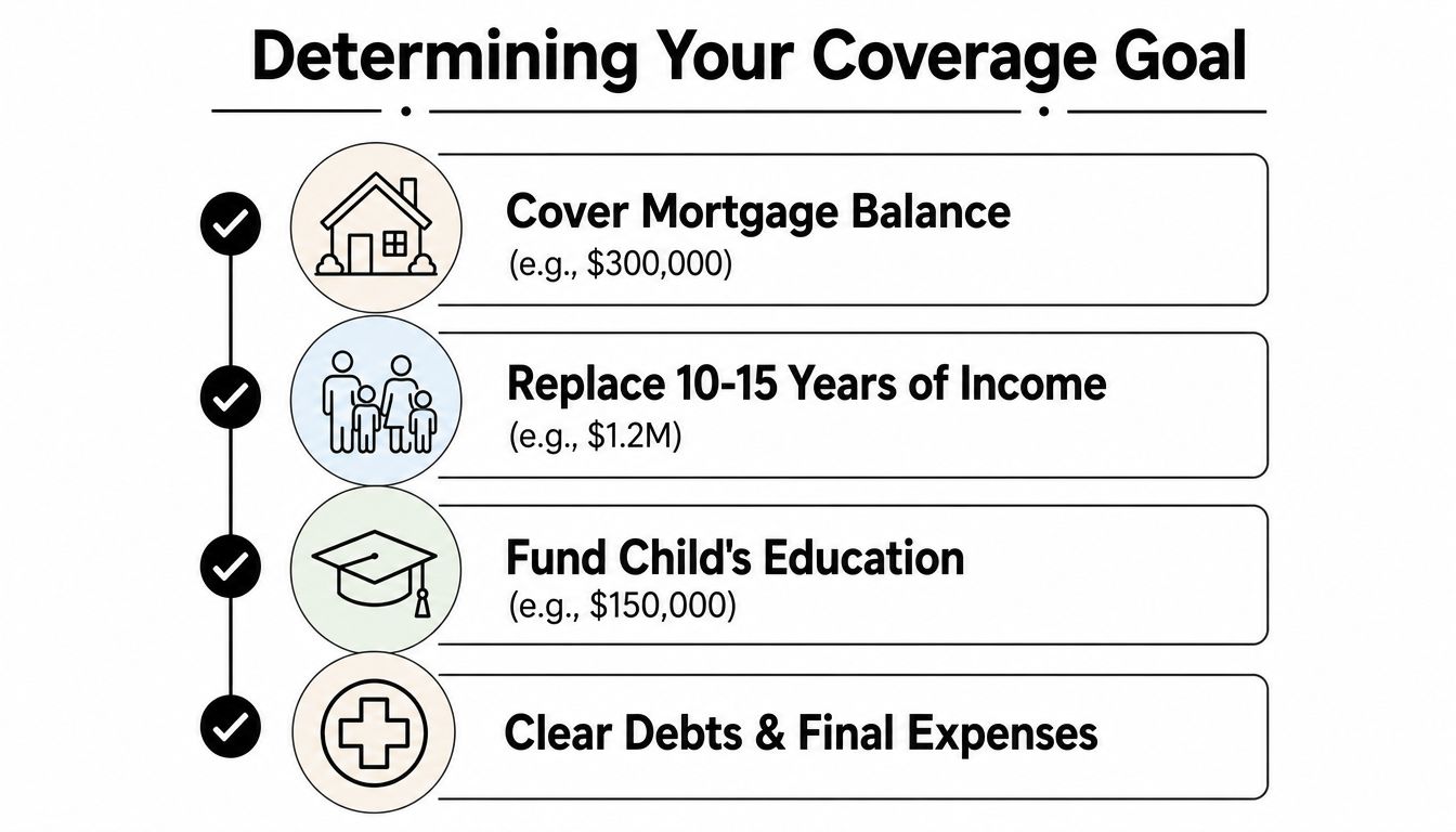 A diagram outlining four financial goals for determining life insurance coverage, including mortgage, income replacement, education, and debts.