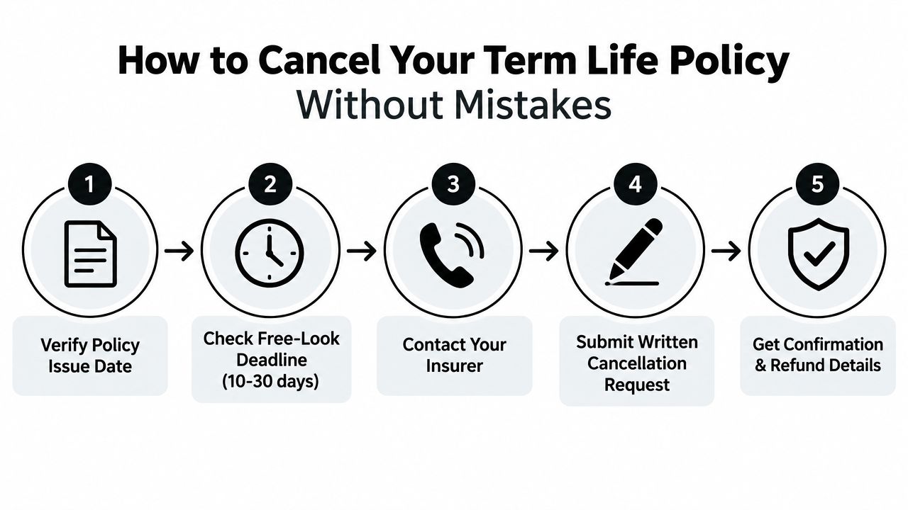 A five-step infographic showing how to cancel a term life insurance policy without making mistakes.