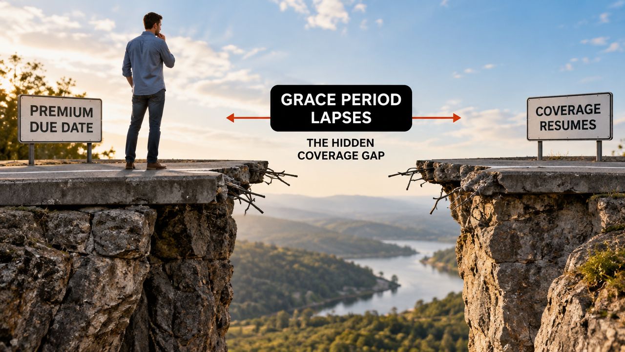 A man stands before a cliff representing the insurance coverage gap between a premium due date and coverage resumption.