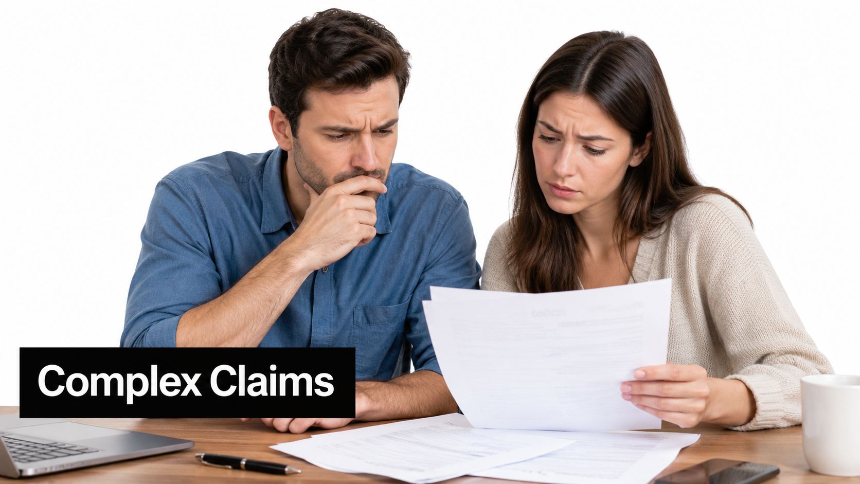 A concerned couple sitting at a table reviewing complex insurance documents together to understand their policy.