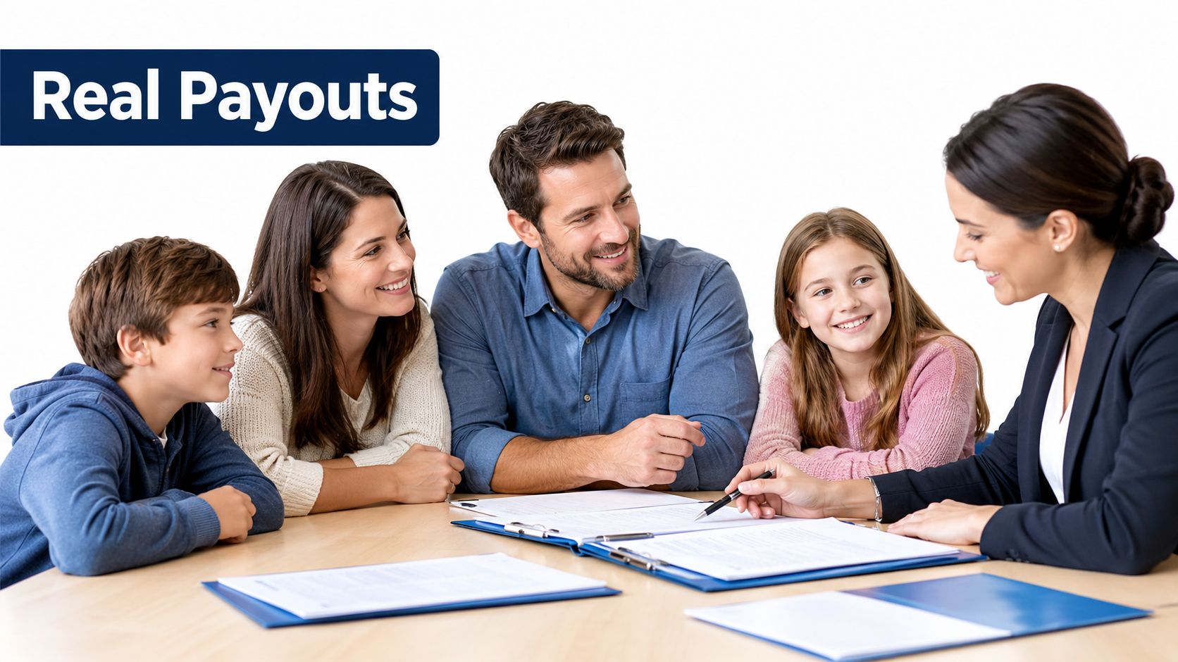 A happy family discussing financial documents with a professional advisor while sitting at a table together.