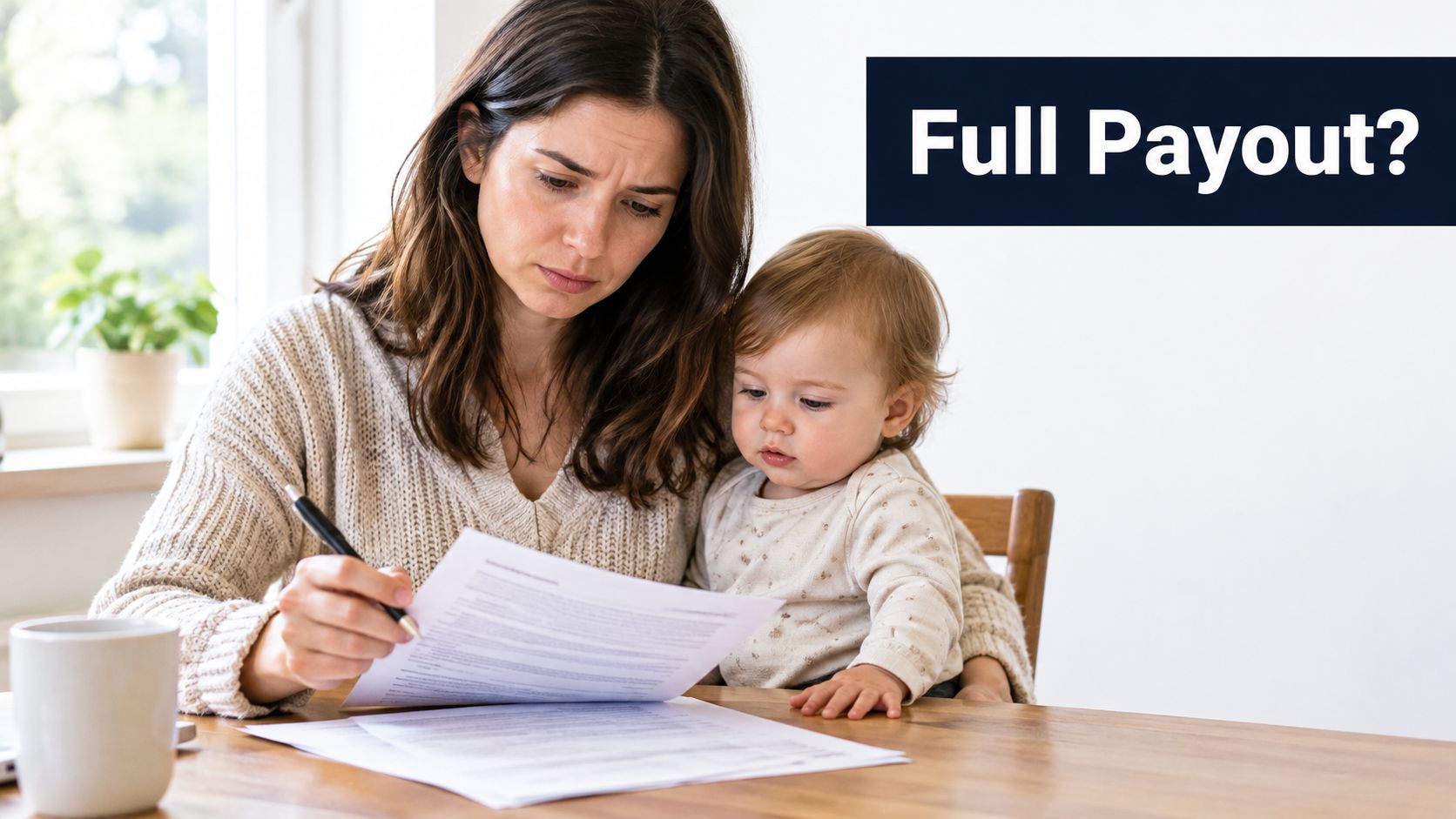 A concerned mother holding her baby while reviewing financial documents at a wooden table.