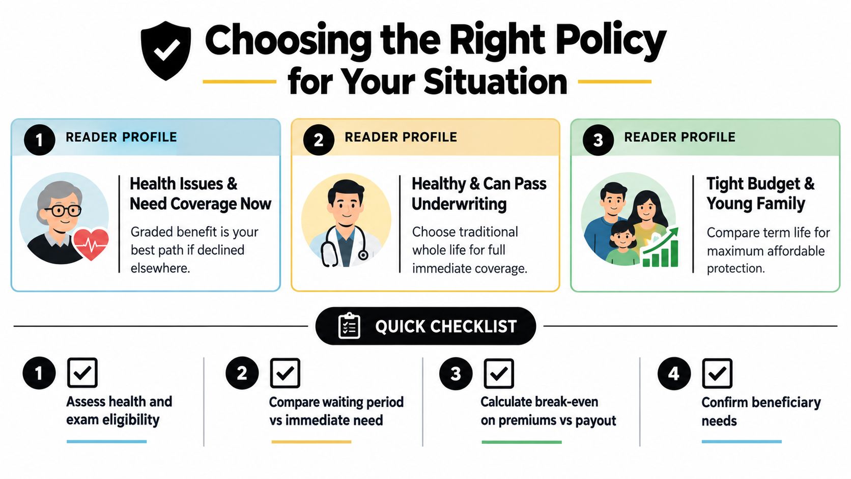An infographic titled Choosing the Right Policy for Your Situation, detailing reader profiles and a life insurance checklist.