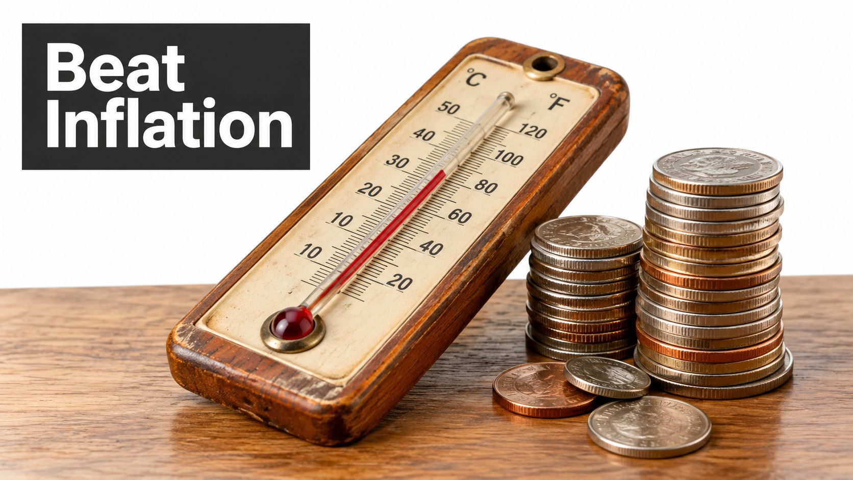 A wooden thermometer showing high heat placed next to stacks of coins on a wooden surface.