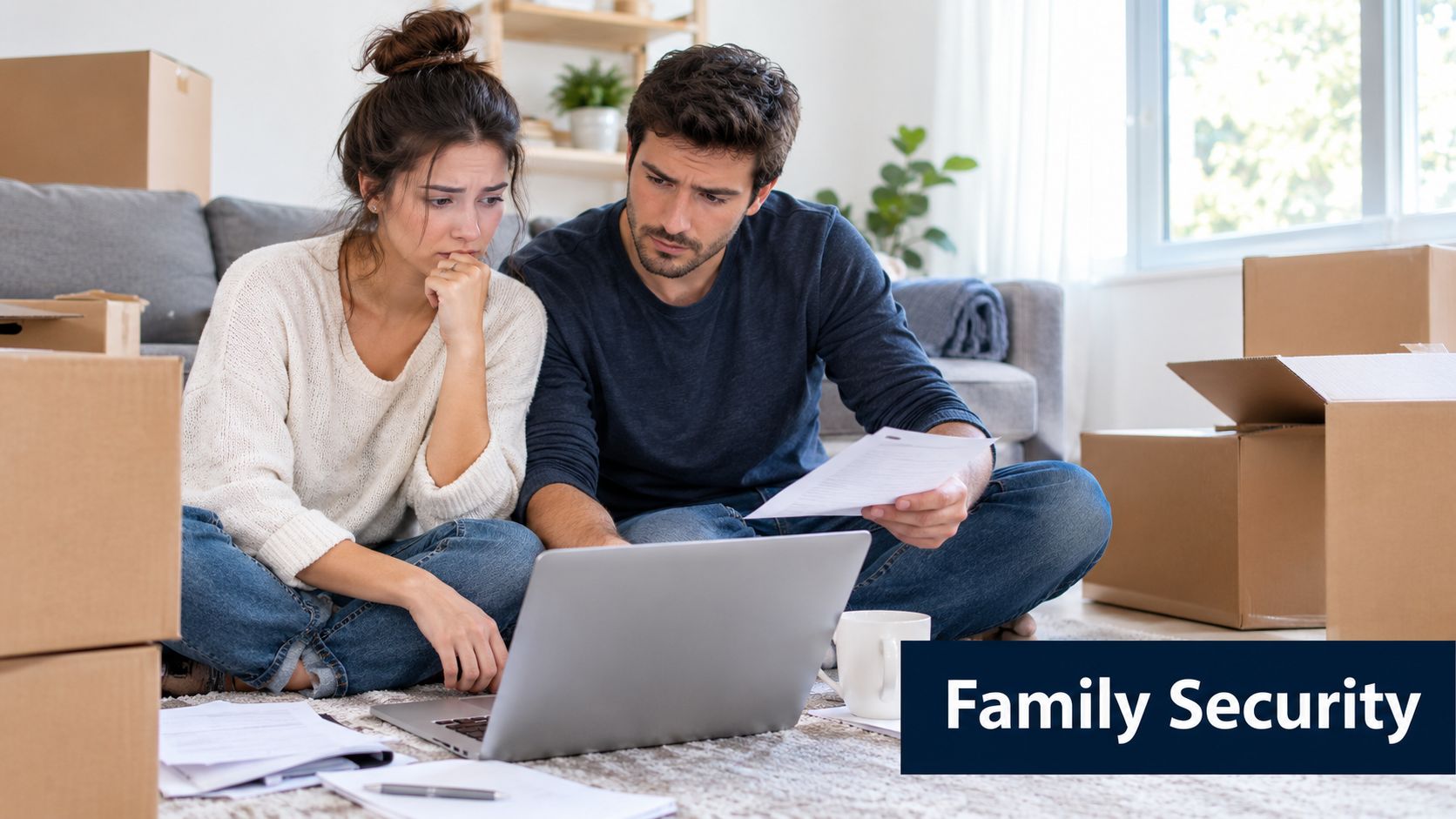 A concerned couple sitting on the floor surrounded by moving boxes, reviewing financial documents on a laptop.