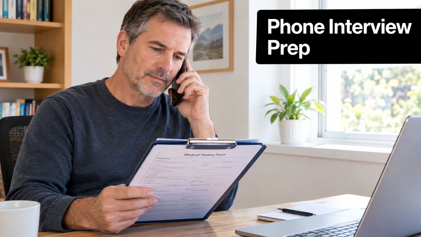 A middle-aged man reviewing a medical history form on a clipboard while talking on his phone.