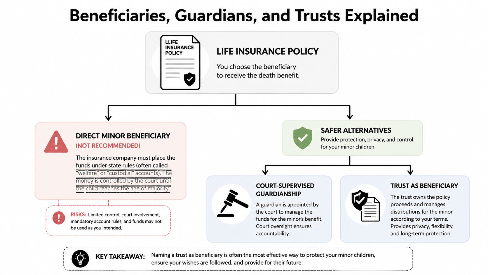 A diagram comparing naming minor children versus a trust as a life insurance policy beneficiary for parents.