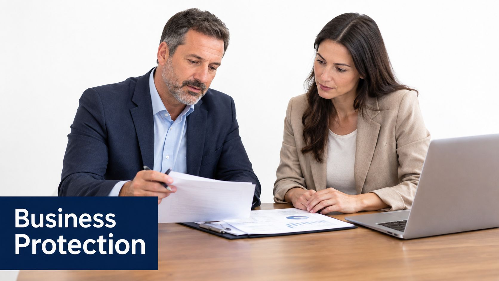 A professional man and woman review business documents together while sitting at a table with a laptop.