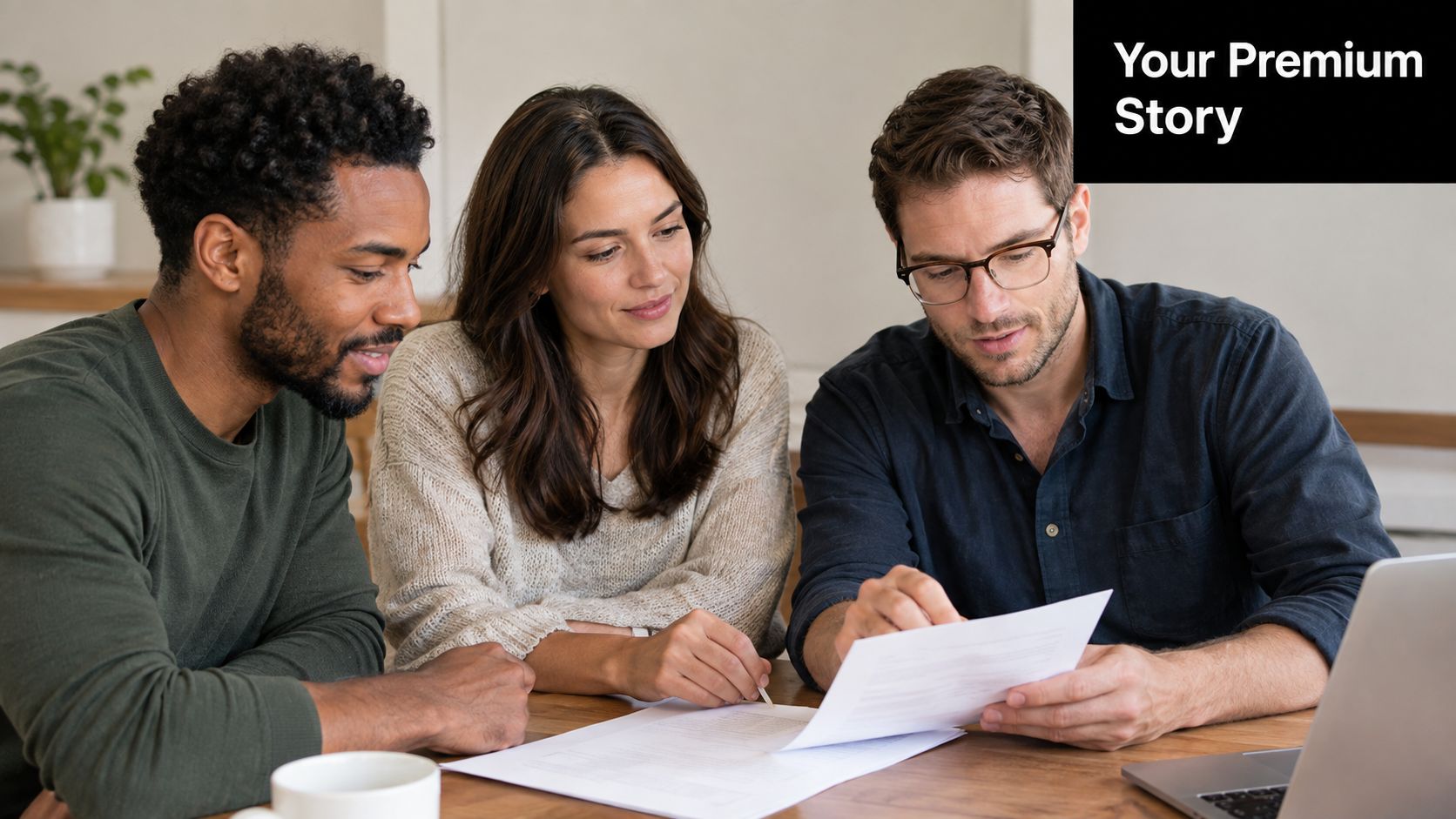 A diverse couple reviews life insurance paperwork with a financial advisor at a wooden table.