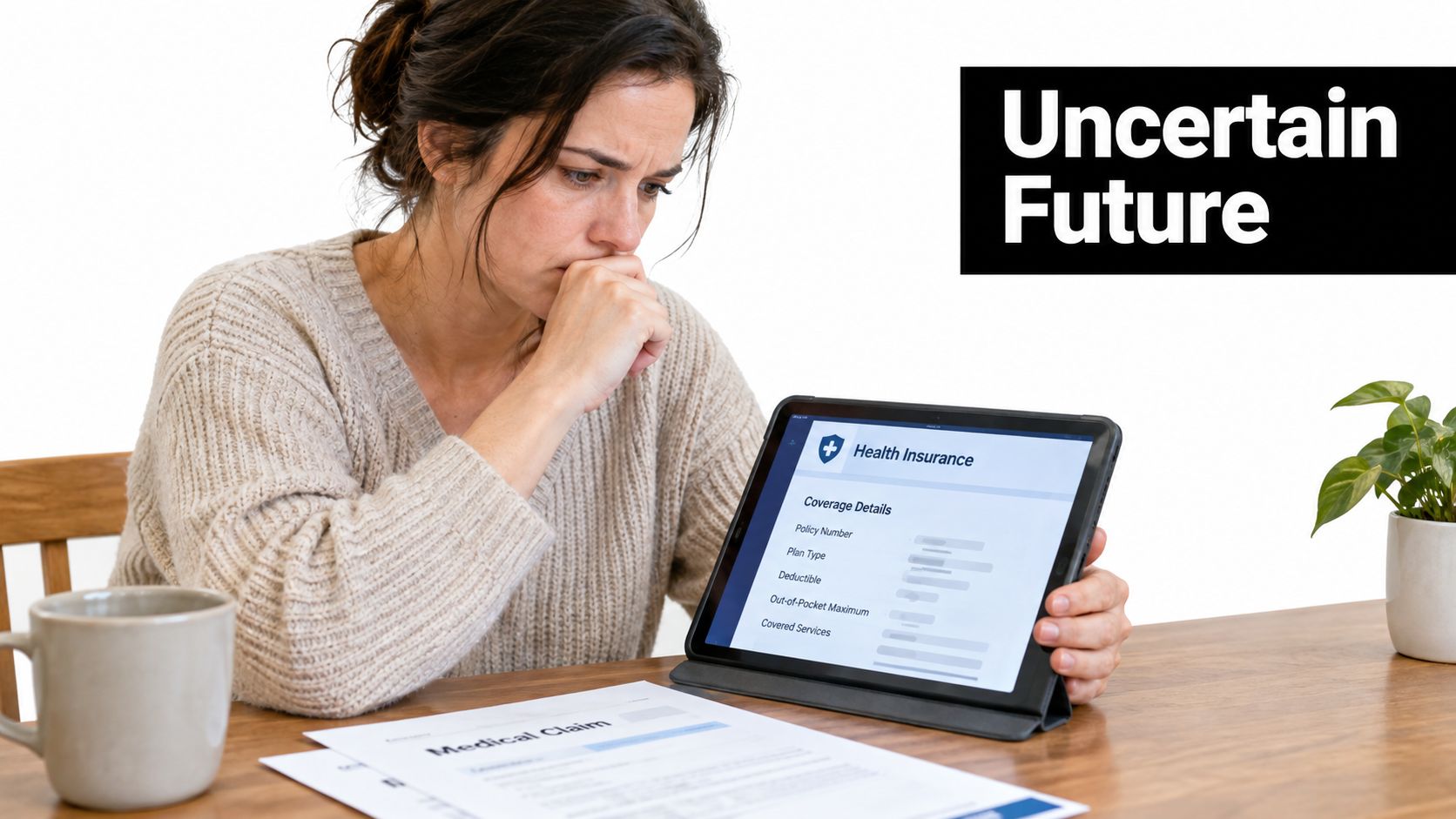 A concerned woman reviews health insurance information on a tablet while looking at a medical claim form.