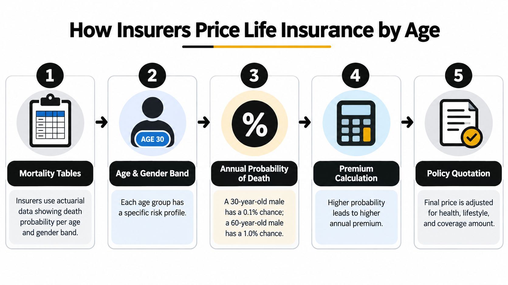A step-by-step infographic explaining how insurance companies use mortality tables and age data to calculate premiums.