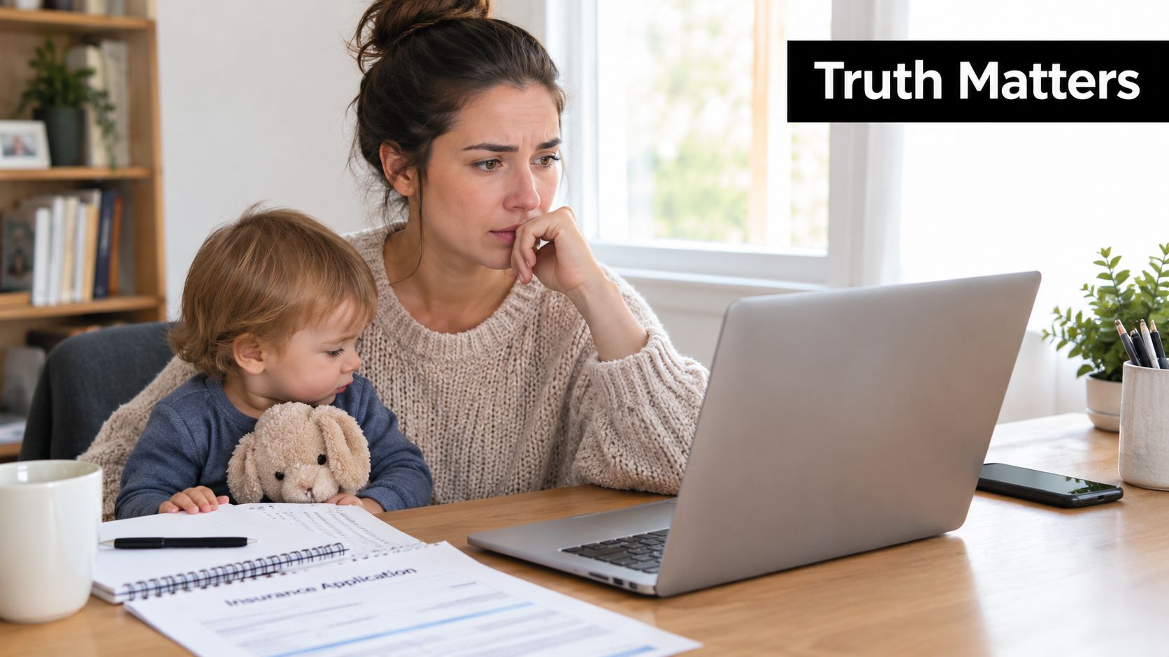 A concerned mother holding her young child while looking at an insurance application on her laptop computer.