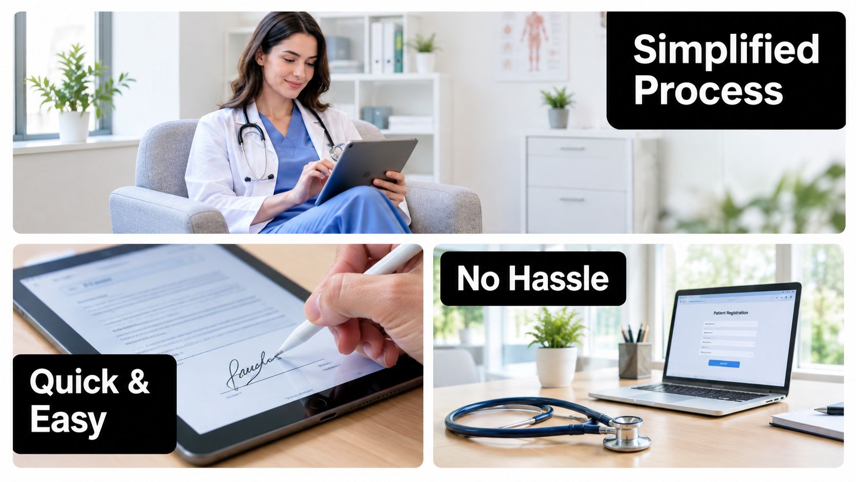 A collage showing a healthcare professional, digital document signing, and online registration for a medical clinic.
