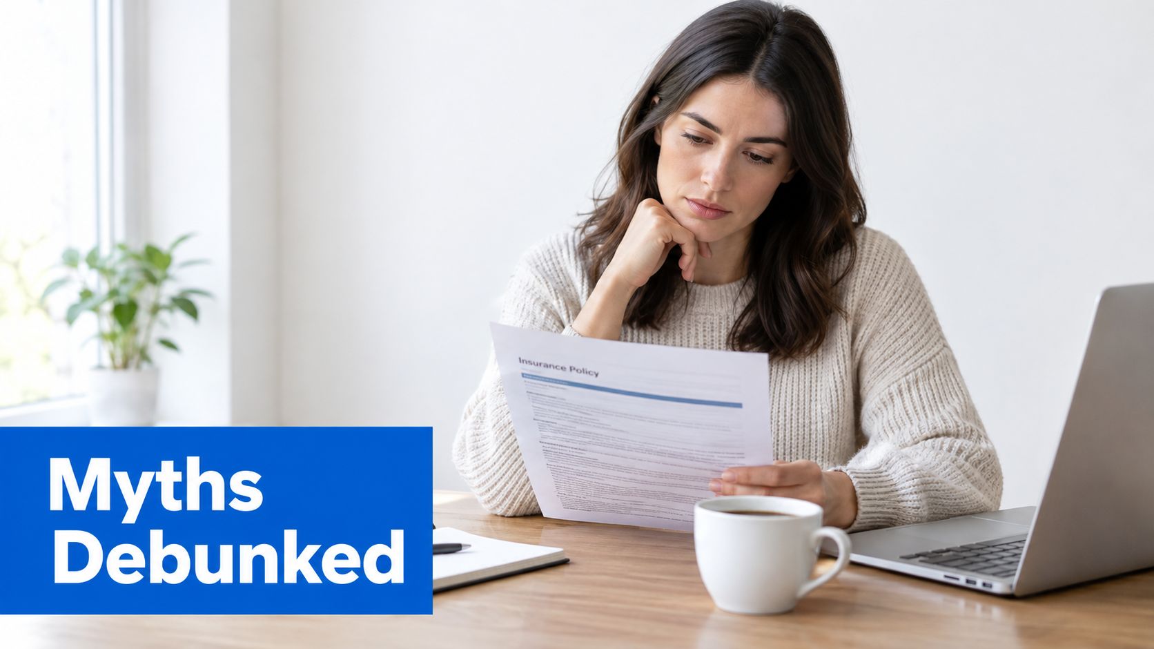 A woman sitting at a desk reviewing an insurance policy document while working on her laptop.