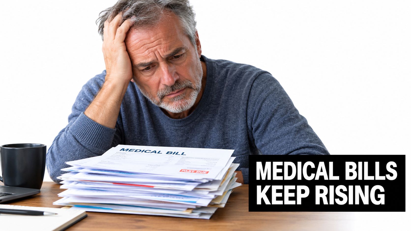 An older man sitting at a desk looking distressed while holding a large stack of medical bills.