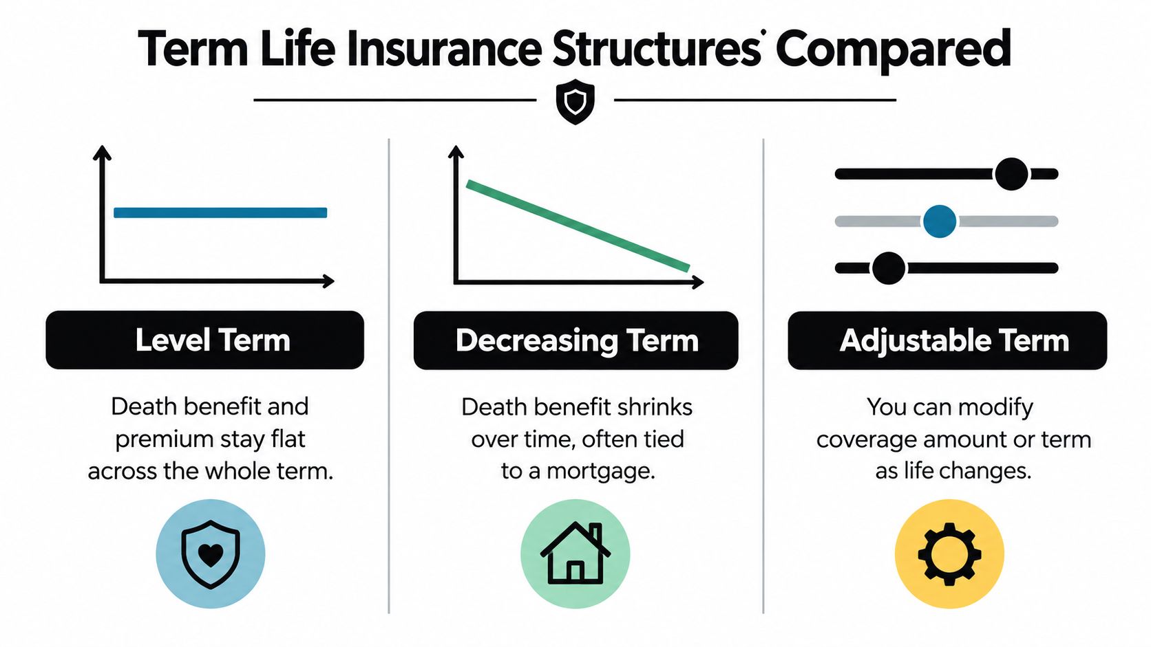 An infographic comparing three types of life insurance structures: level, decreasing, and adjustable term life insurance.