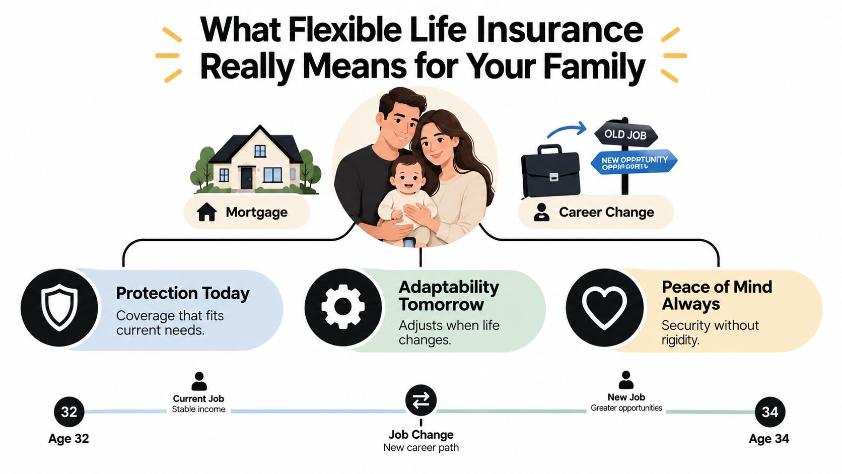 An infographic showing how flexible life insurance adapts to family milestones like mortgages and career changes.
