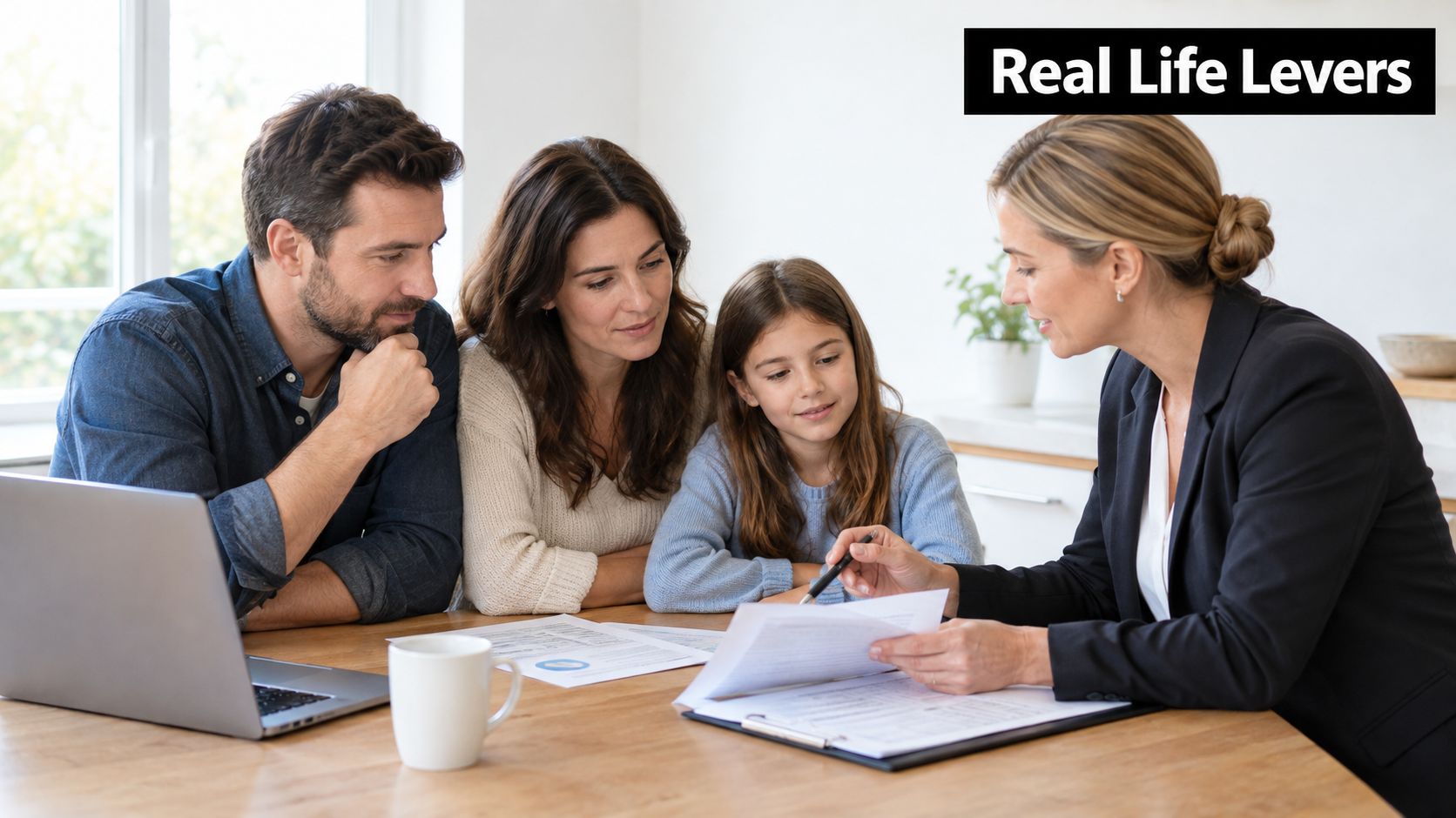 A professional financial advisor discusses important documents with a family of three at a wooden table.