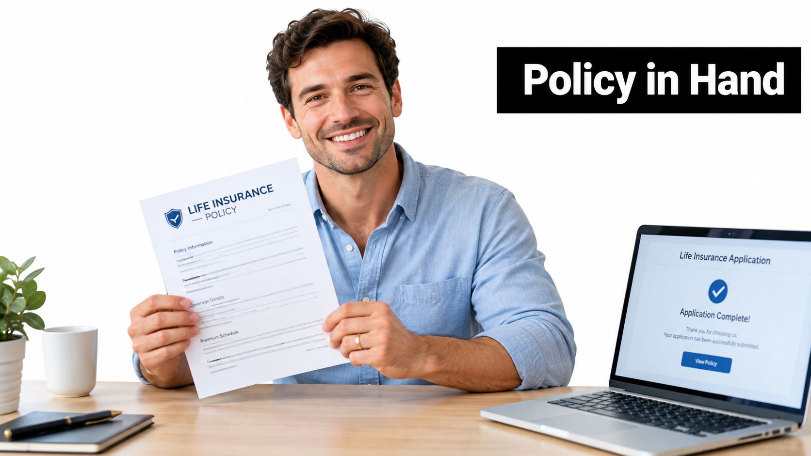 A smiling man holding a life insurance policy document at a desk with a laptop displaying success.