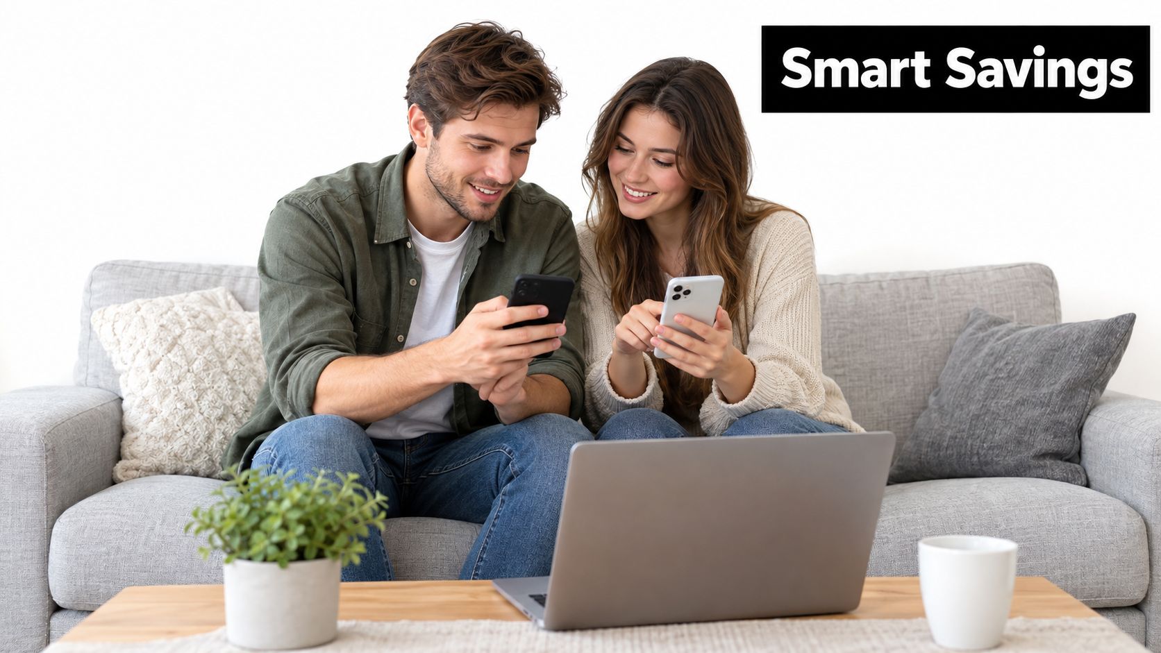A smiling young couple sitting on a couch together while using their smartphones and a laptop computer.