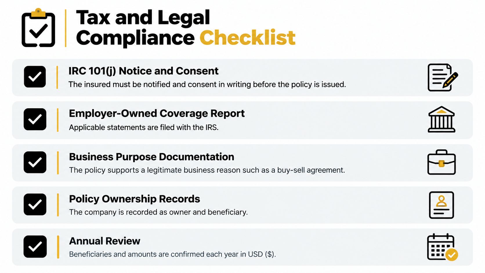 A tax and legal compliance checklist for employer-owned life insurance policies with five essential requirements.