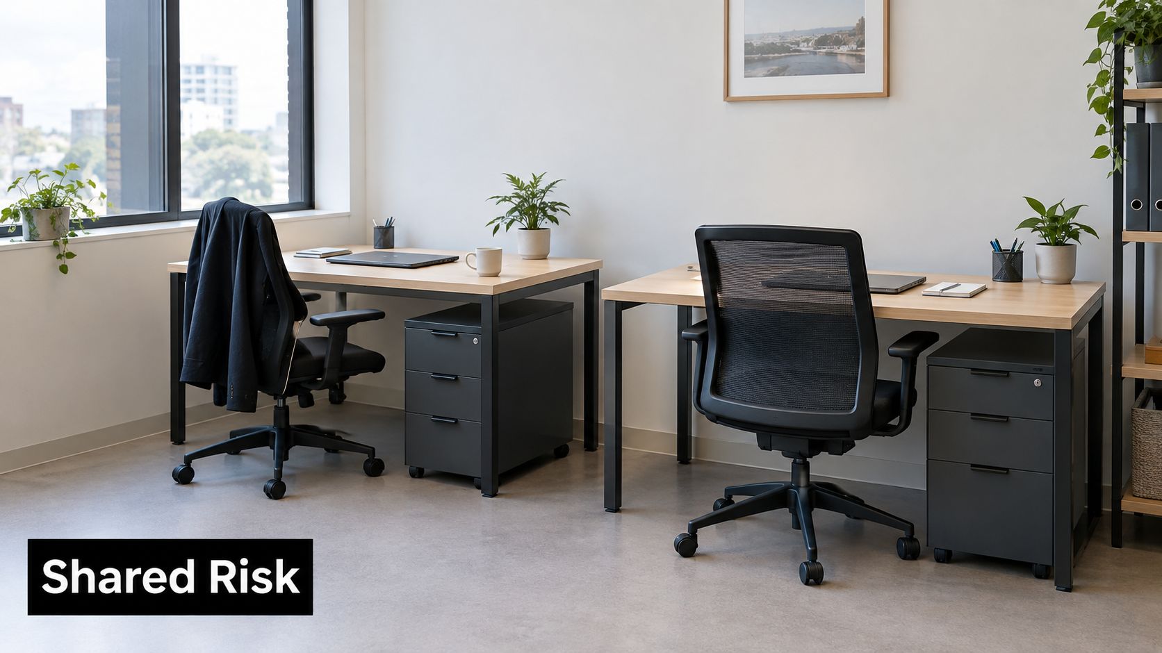 A modern, well-lit professional office space with two desks, ergonomic chairs, and greenery in an office environment.