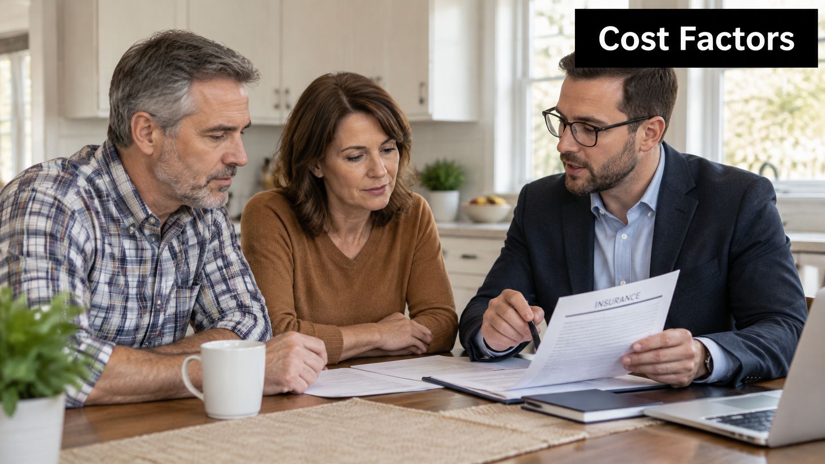 A professional financial advisor discusses insurance policy documents with a middle-aged couple in their home kitchen.