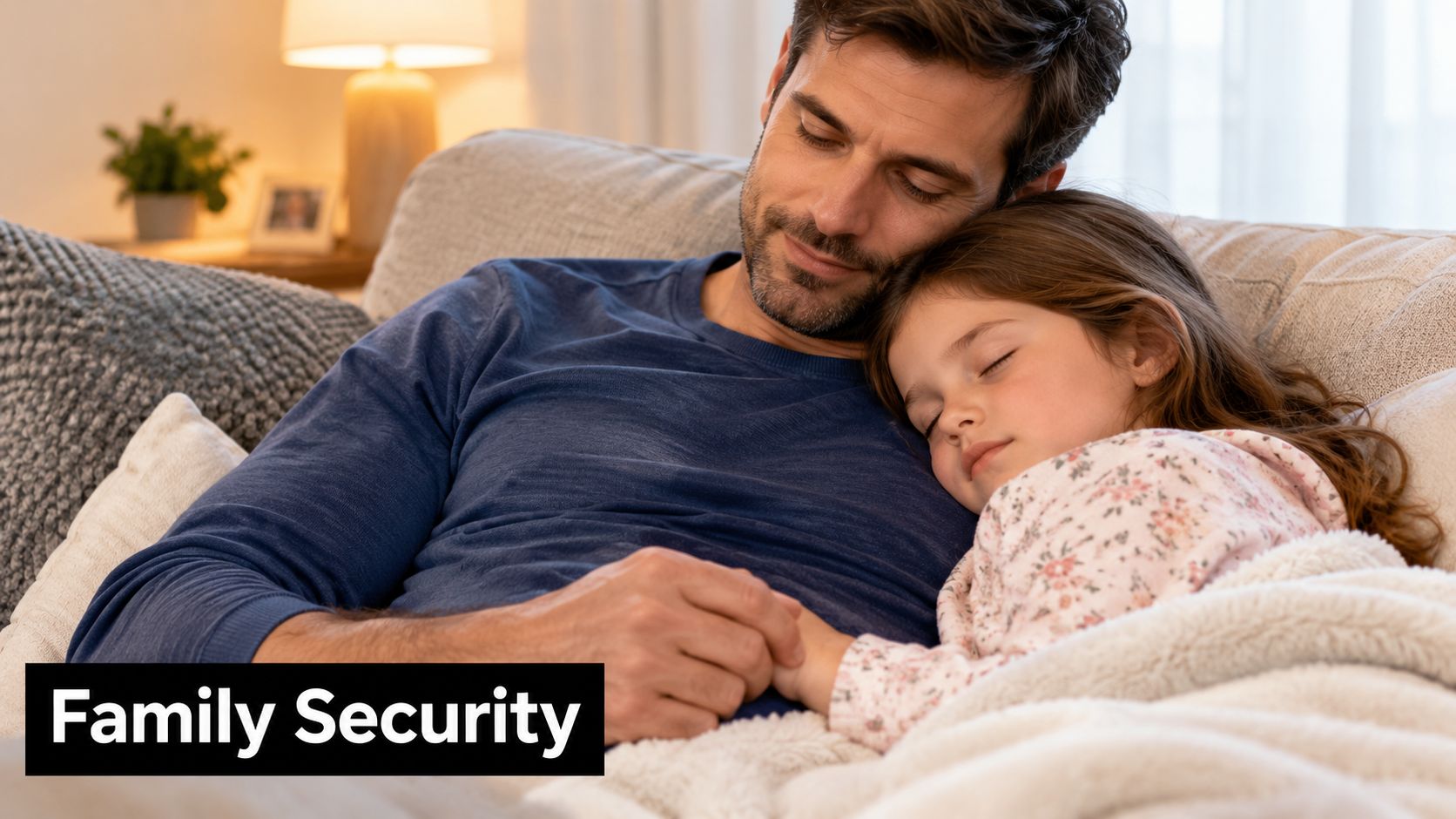 A loving father holding his sleeping young daughter securely while resting on a comfortable sofa at home.