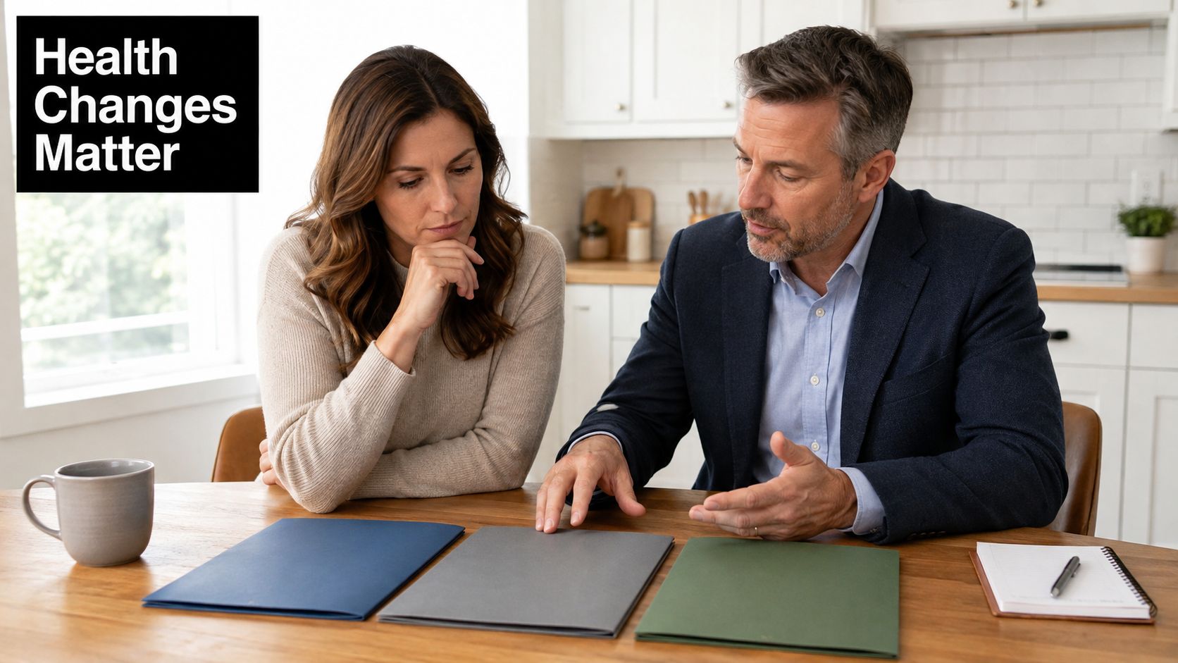 A man in a suit explains financial documents to a woman sitting at a wooden kitchen table.