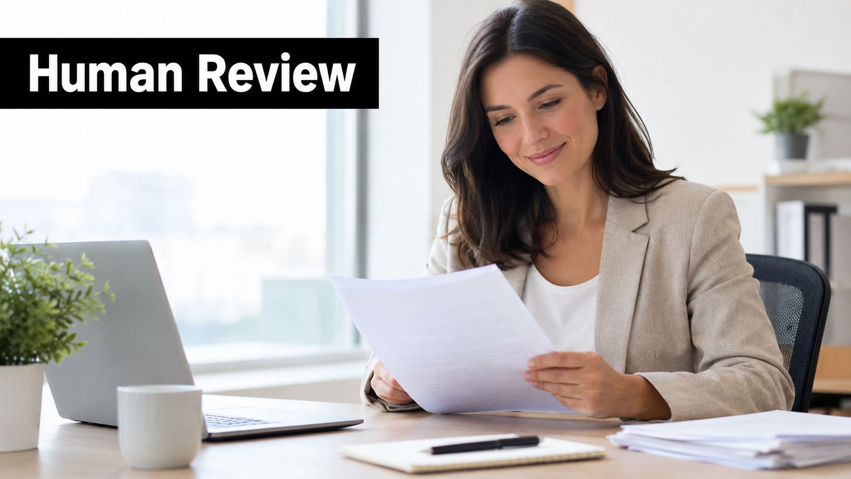 A professional woman in a suit sitting at a desk and reviewing business documents in an office.