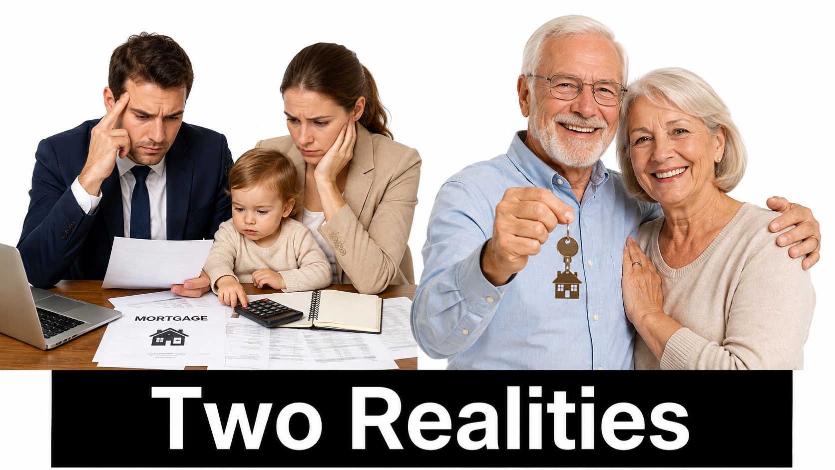 A split image contrasting a stressed young family with finances and a happy retired couple holding keys.
