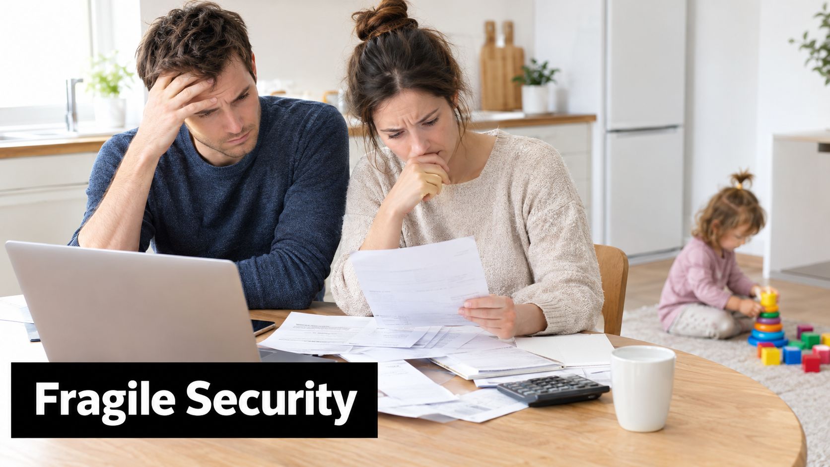 A concerned couple sits at a kitchen table analyzing financial documents and bills with a laptop computer.